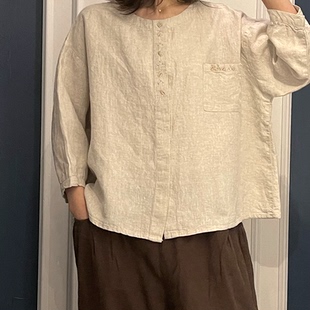休闲百搭衬衣 夏季 7分袖 亚麻开衫 棉麻刺绣包边上衣雪蓝杉大码
