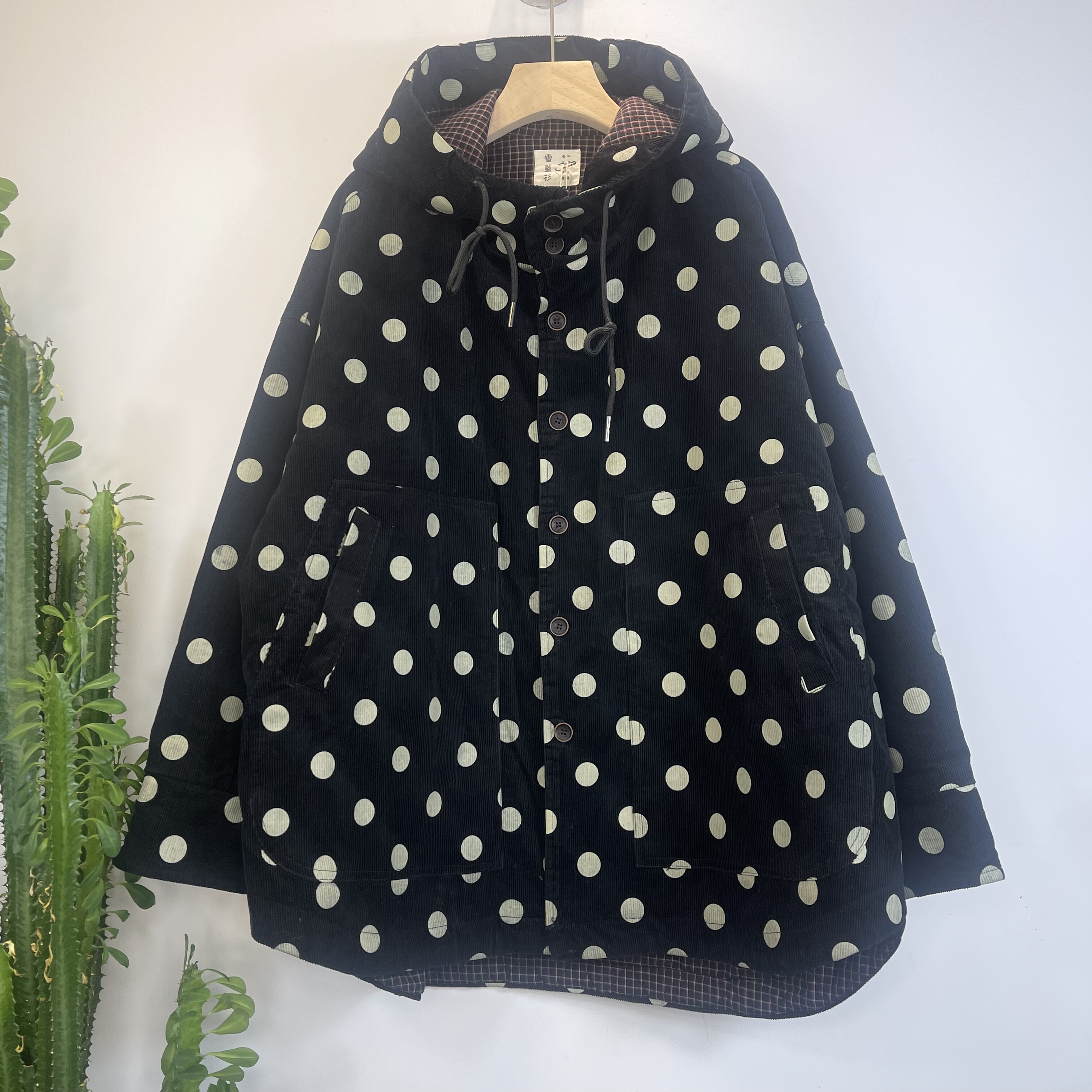 雪蓝杉波点印花丝绒连帽棉服女宽松休闲长袖棉衣保暖上衣