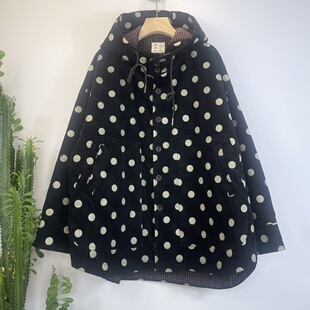 雪蓝杉波点印花丝绒连帽棉服女宽松休闲长袖 棉衣保暖上衣