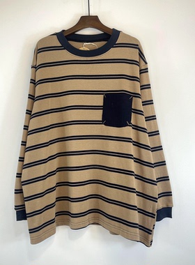 纯棉文艺大T恤复古简约宽松圆领宽条卫衣女春秋超宽松套头卫衣