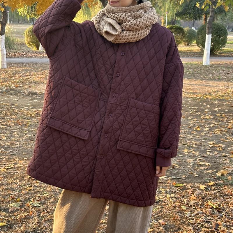 菱形格棉服女复古加厚保暖洋气宽松大码中长款棉衣外套宽松阔版