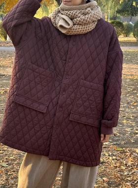 菱形格棉服女复古加厚保暖洋气宽松大码中长款棉衣外套宽松阔版