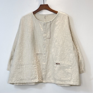 文艺亚麻感衬衫 女宽松圆领排扣刺绣手工缝线百搭上衣