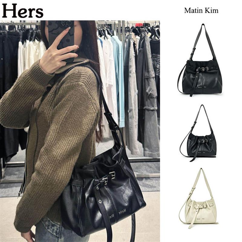 正品Matin Kim 韩国牛皮纯色抽带大容量单肩斜挎水桶包女