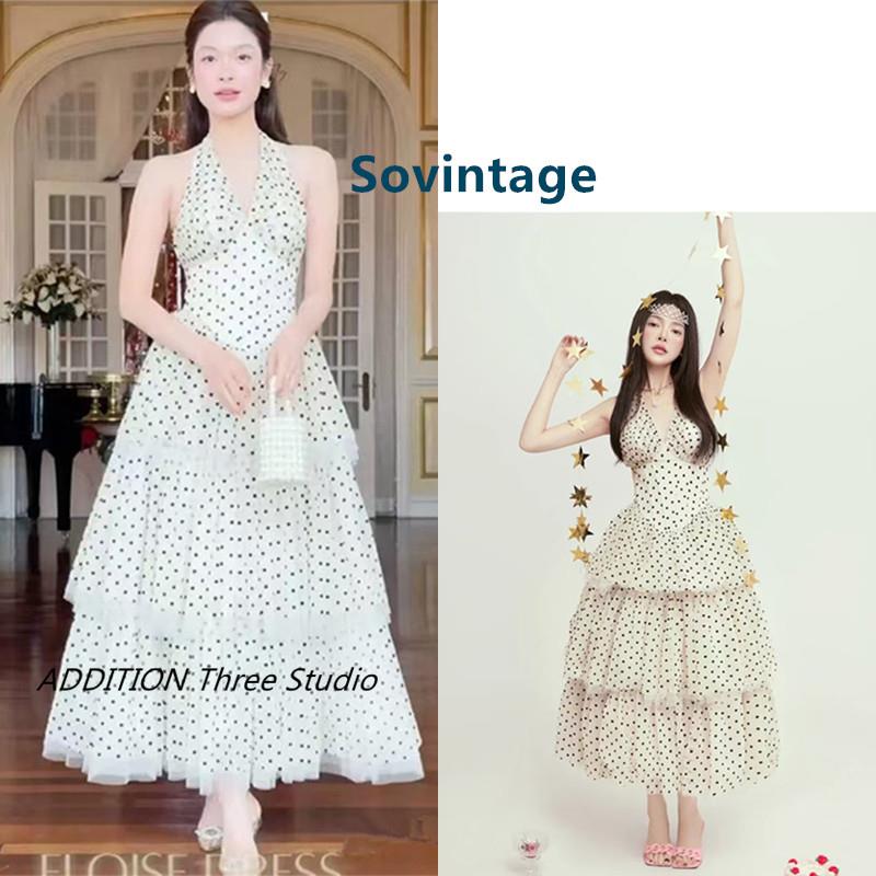 越南 Sovintage 优雅纯欲复古波点V领收腰蓬蓬挂脖露背吊带连衣裙