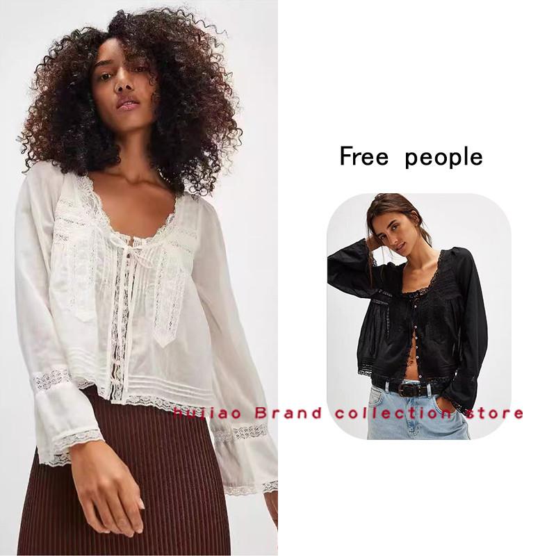 煳椒正品 Free People 秋季新款纯色蕾丝花边领系带长袖衬衫上衣