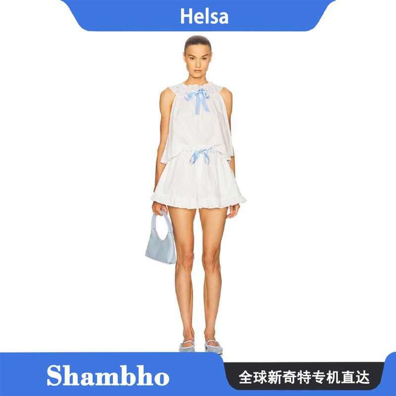 Shambho正品 Helsa 新款少女风荷叶边蓝色系带白色背心短裤套装