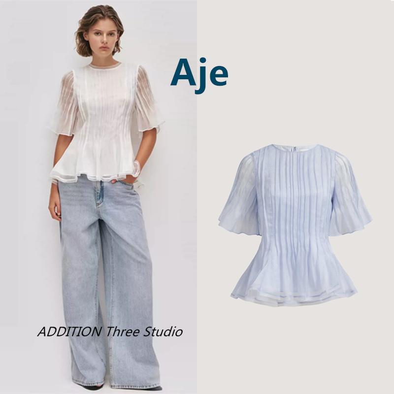 正品 Aje 26春夏新款气质纯色圆领百褶条纹收腰显示短袖衬衫上衣