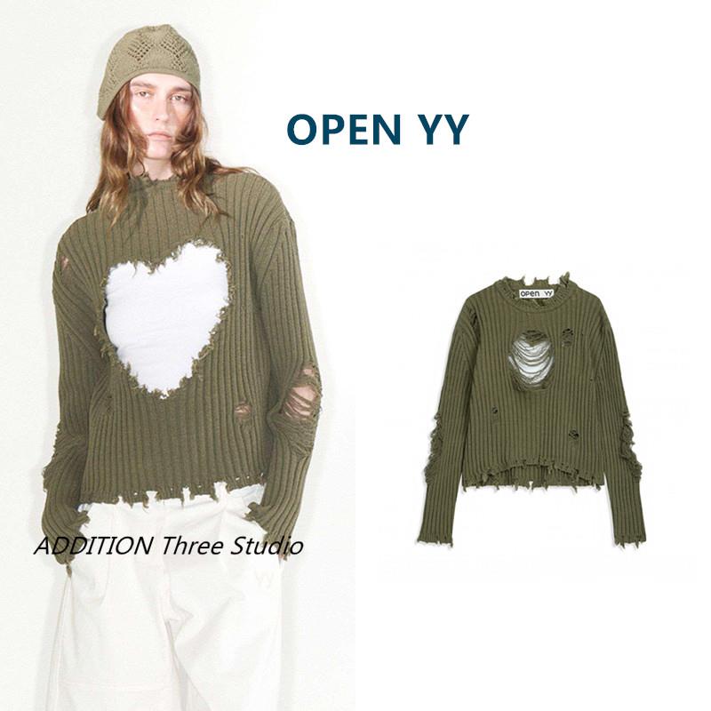 韩国正品 OPEN YY 秋冬款圆领做旧破洞爱心镂空长袖宽松针织毛衣