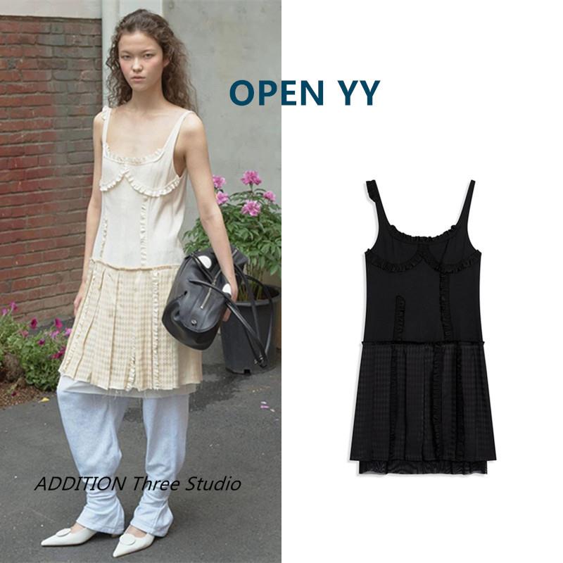 正品 OPEN YY 26春夏款复古褶皱拼接荷叶花边装饰吊带背心连衣裙
