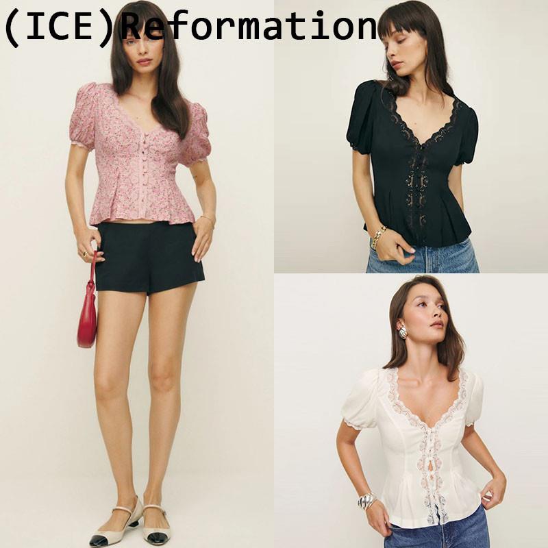 ice买手店正品reformation上衣25新款蕾丝花边拼接泡泡袖收腰衬衫