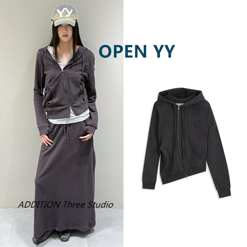 正品 OPEN YY 26早春新品不对称斜拉链休闲百搭连帽卫衣半身裙女