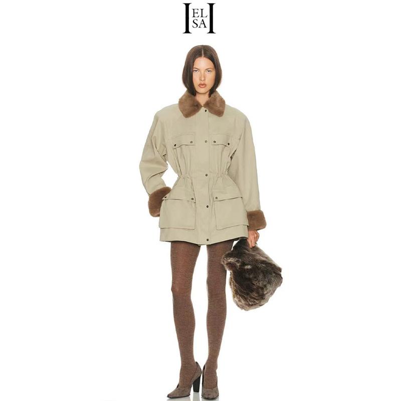 Helsa 新款工装风翻领皮草拼接休闲短外套女