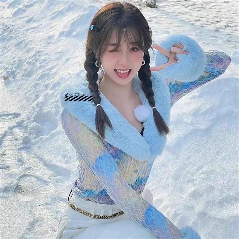正品 House of sunny 虞书欣同款早秋毛毛领画染印花针织开衫毛衣