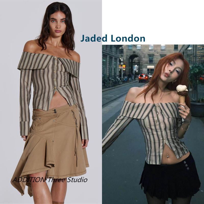 正品 Jaded London 25夏款性感辣妹一字肩翻领条纹单排扣长袖衬衫