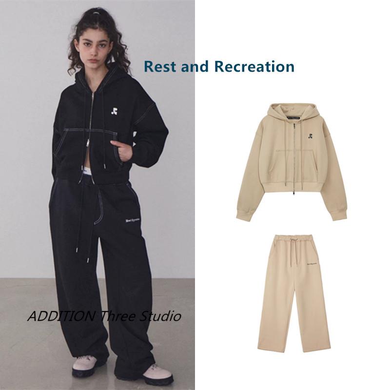 韩国小众Rest and Recreation 新款宽松字母印花拉链连帽卫衣卫裤