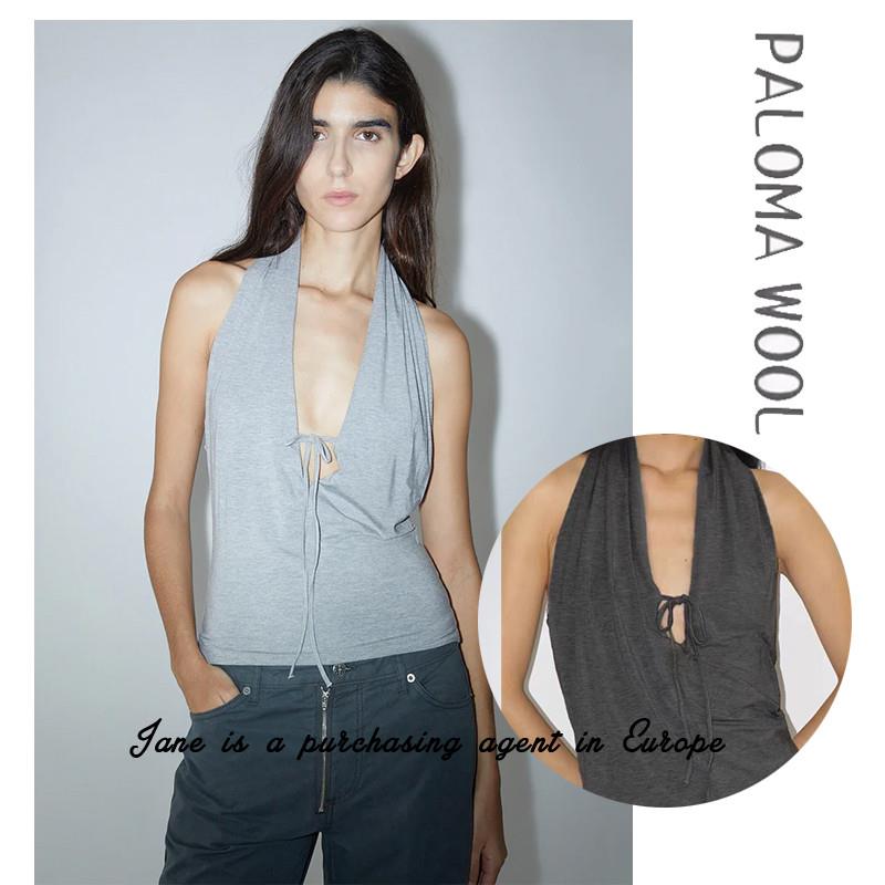 国现 PALOMA WOOL 25夏季新款性感深V领挂颈绑带露肩露背背心上衣