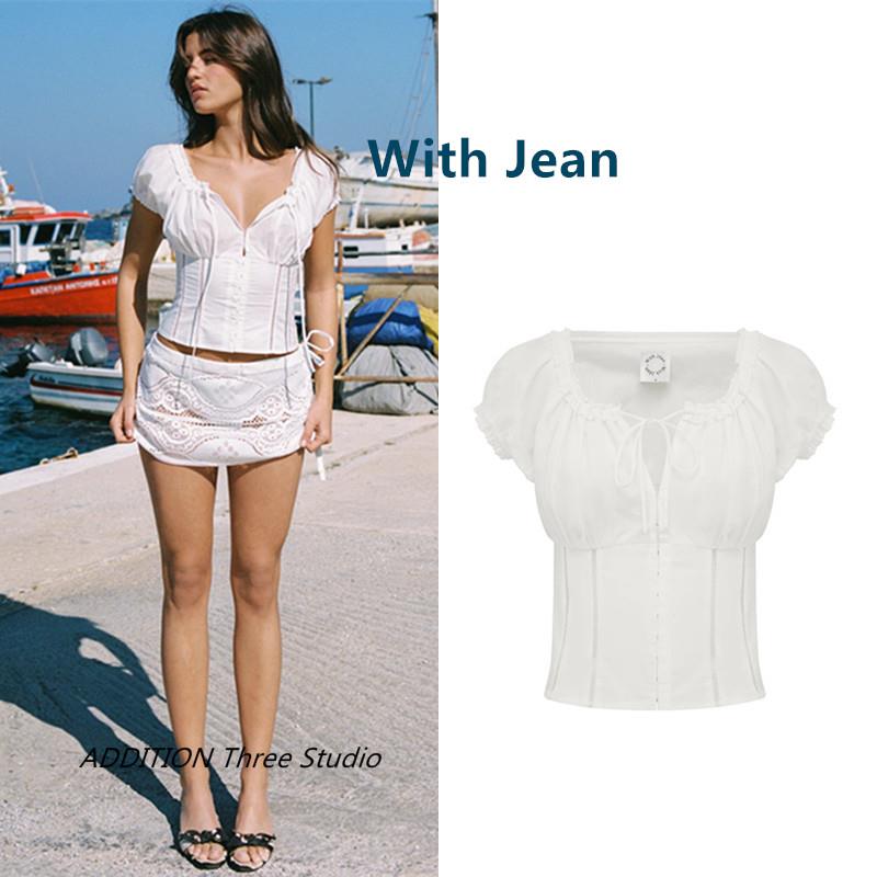正品 With Jean 26夏季新款纯色方领抽绳系带收腰短袖衬衫上衣女