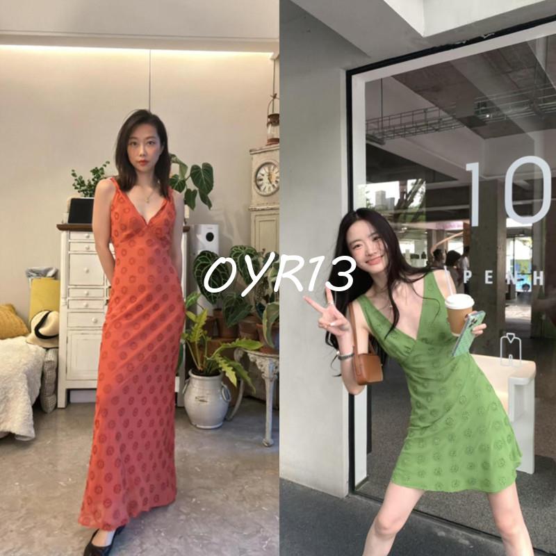 买手店Realisation洋装Moogie同款修身气质绿色印花刺绣长裙女