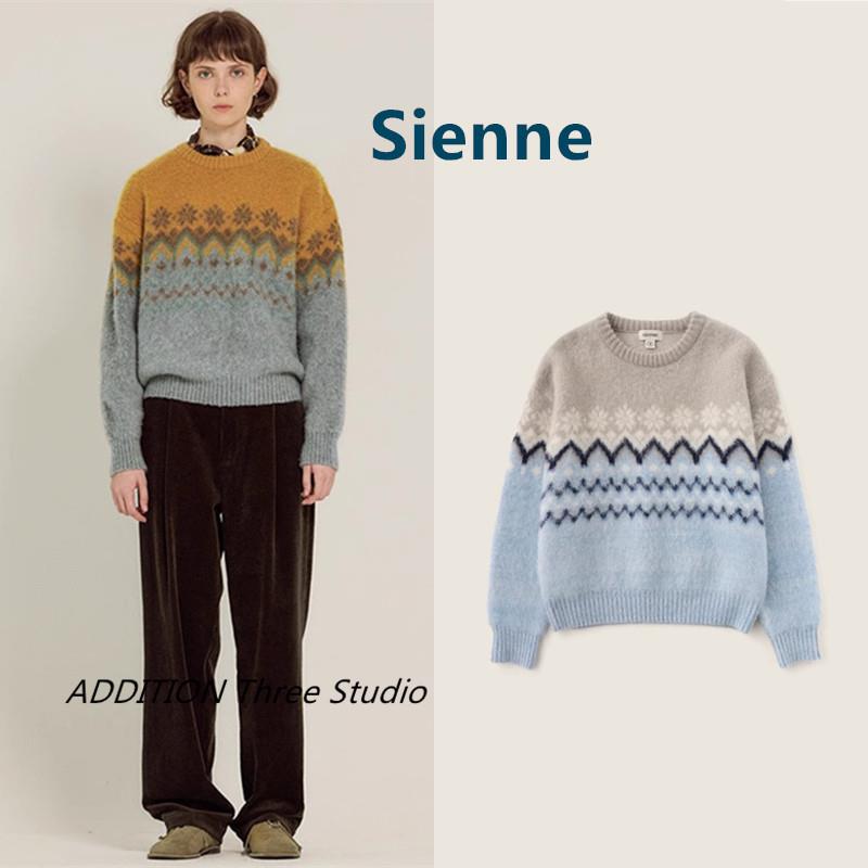 韩国正品 Sienne 24秋冬新款复古拼色雪花圆领宽松套头针织毛衣女