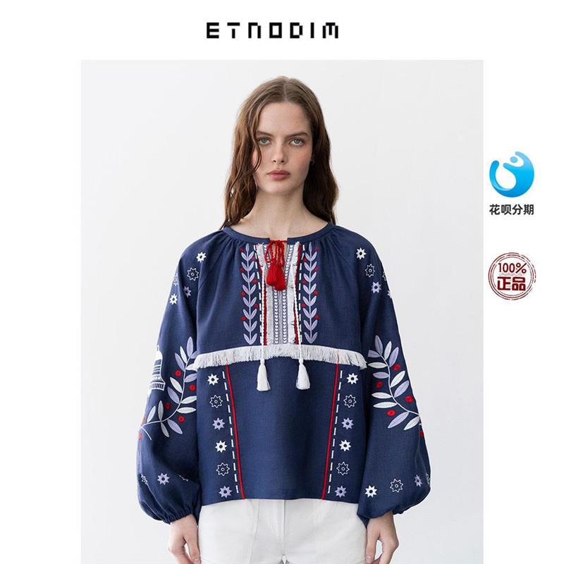 Etnodim 法式小众甜美刺绣圆领领口系带灯笼袖衬衫