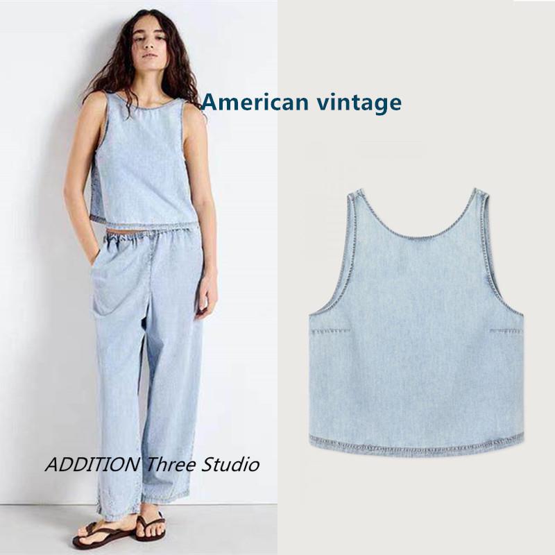 正品 American vintage 25夏款圆领水洗牛仔无袖背心松紧腰半身裙