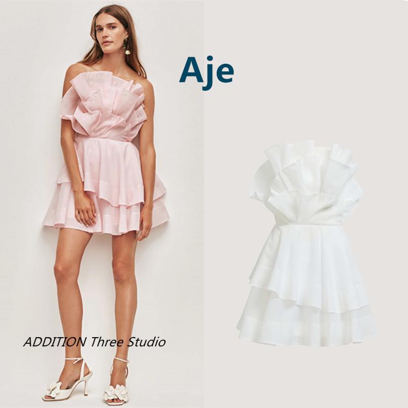 正品 Aje 春夏款仙女气质优雅分层不对称褶皱抹胸短款礼服连衣裙