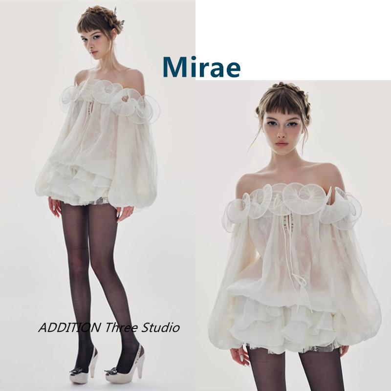 越南小众 Mirae 25春季新款甜美优雅一字肩绑带长袖短款连衣裙女
