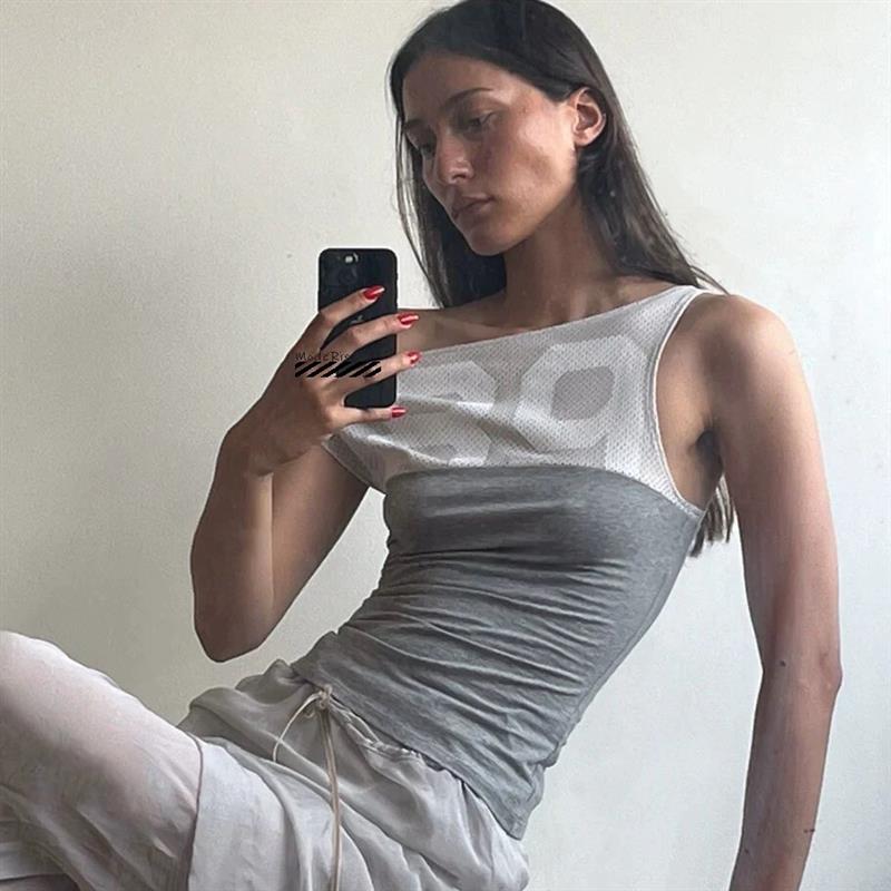 PALOMA WOOL 不规则斜肩网眼拼接数字印花背心T恤短袖女