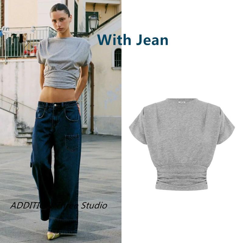 正品 With Jean 26春夏新款纯色时尚褶皱收腰短款百搭短袖T恤上衣