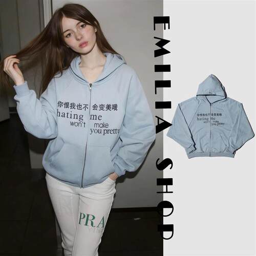 买手店正品Praying卫衣宽松字母印花拉炼上衣开衫连帽外套女