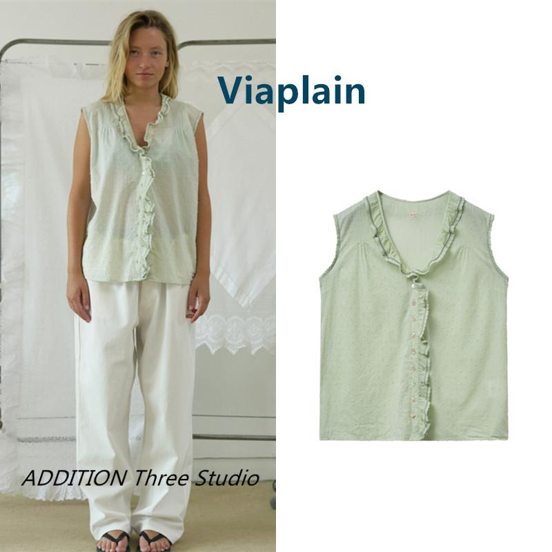 韩国 Viaplain 26夏季新款韩系复古荷叶边V领波点宽松无袖衬衫女