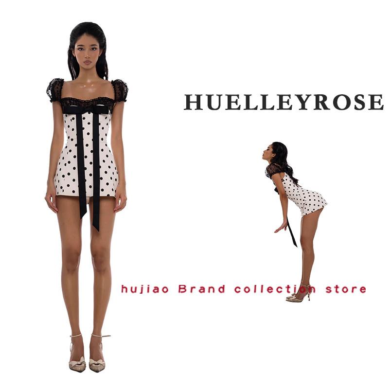 煳椒正品 HUELLEYROSE 波点泡泡袖大蝴蝶结收腰显瘦纯欲连衣短裙