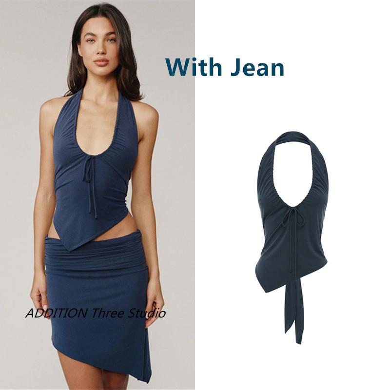 正品 With Jean 26夏款海军蓝U领系带露背背心不规则下摆半身裙女