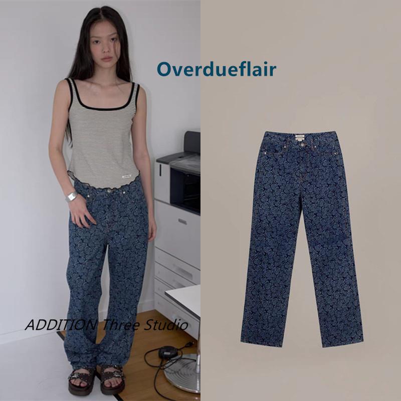 韩国 Overdueflair 25春季新款玫瑰印花直筒显瘦休闲长款牛仔裤女