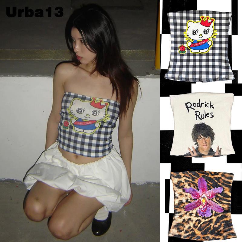 Urba13买手店现货正品Omighty背心kitty花朵印花格子辣妹抹胸上衣