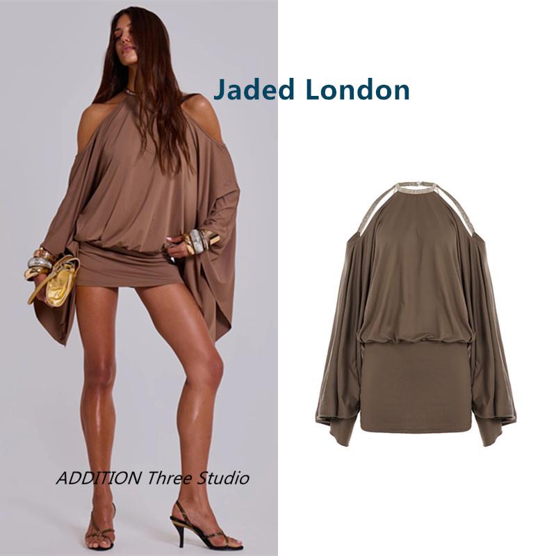 正品 Jaded London 26春款性感辣妹蝴蝶珠饰链条露背喇叭袖连衣裙