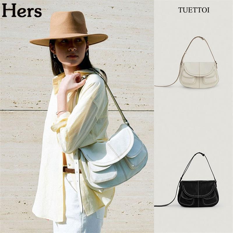 正品TUETTOI 品牌虞书欣同款牛皮缝线大容量单肩斜挎包女