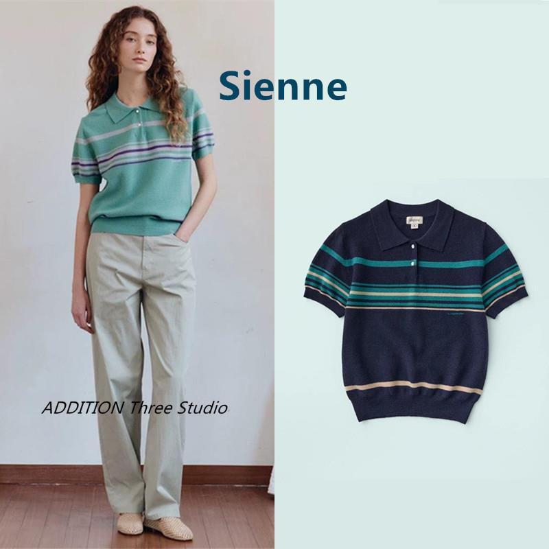 韩国 Sienne 25春夏新款复古撞色条纹POLO领宽松套头短袖针织衫女