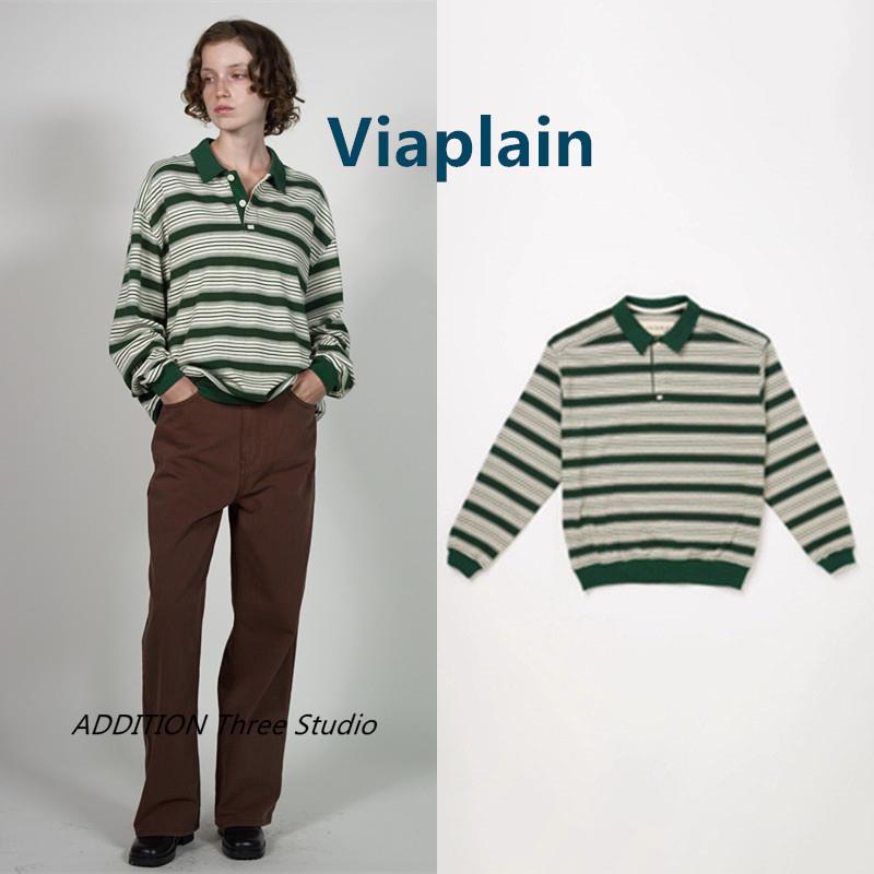 正品Viaplain 24秋季新款复古拼色条纹polo领宽松长袖T恤卫衣女