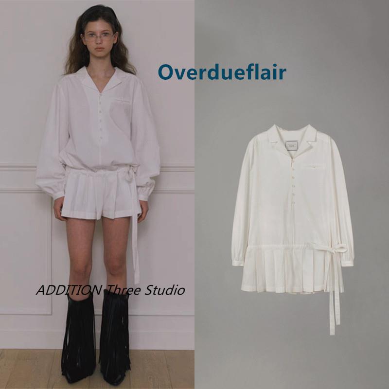 正品 Overdueflair 25春季新款学院风白色收腰百褶长袖衬衫连衣裙