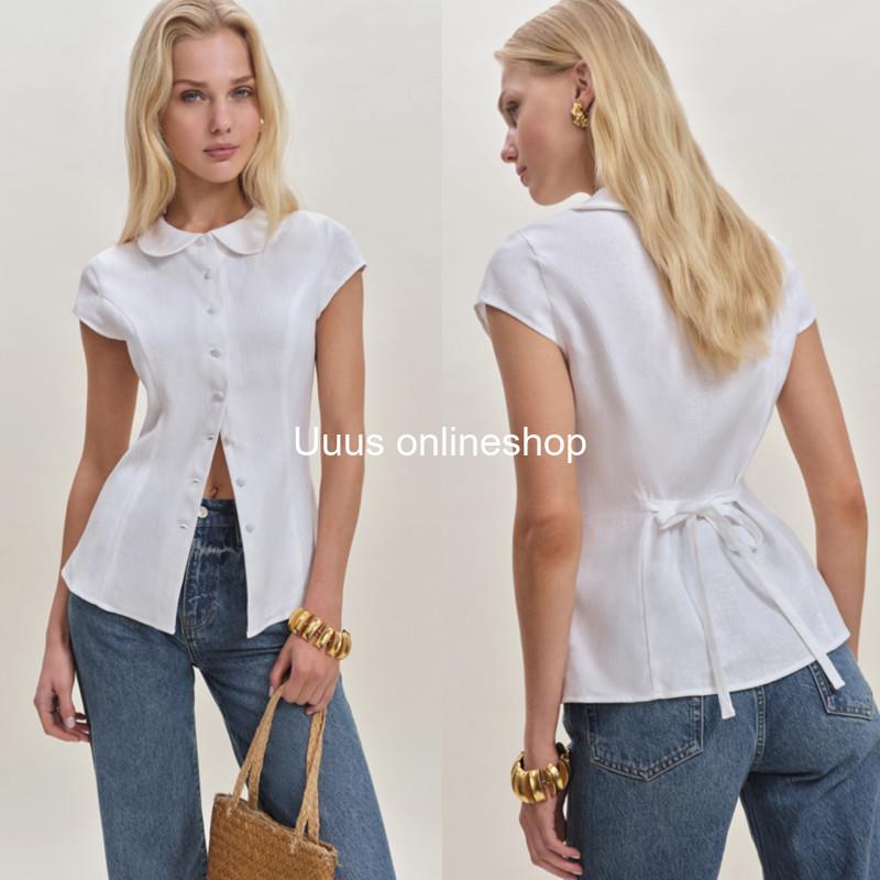 买手店折扣Reformation衬衫女士小众纯色修身气质娃娃领短袖上衣