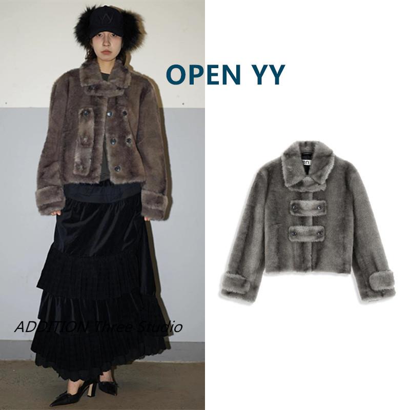 正品 OPEN YY 25秋冬新款复古翻领环保皮草毛毛宽松短款夹克外套