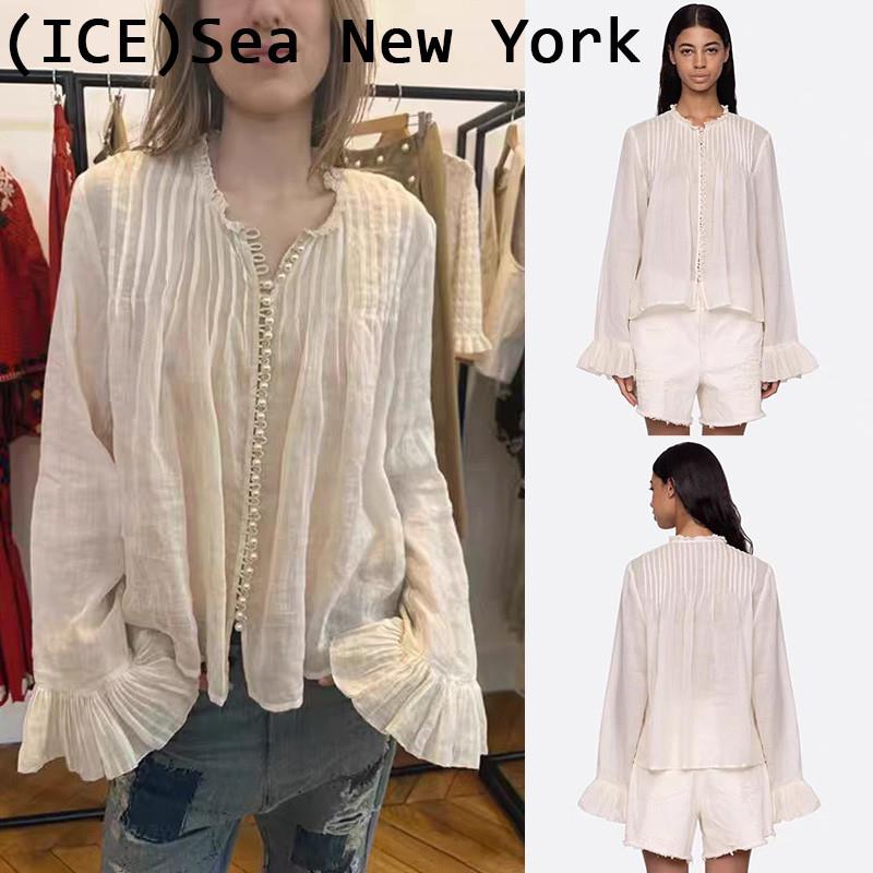 ice买手店正品折扣Sea New York皱褶花边立领珍珠单排扣衬衫上衣