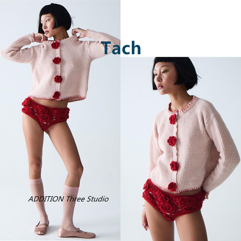 乌拉圭 Tach 24秋冬新款张子萱同款撞色立体花朵手工锁边针织开衫