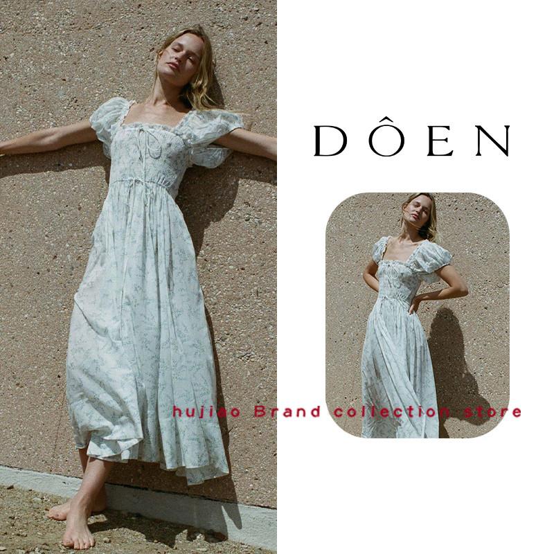 糊椒 正品 DOEN 方领泡泡袖系带抽绳收腰修身镂空露背气质洋装