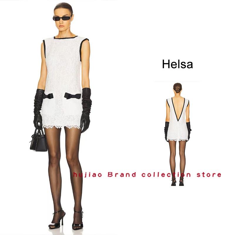 煳椒正品 Helsa 秋季新款白色蕾丝拼接蝴蝶结无袖背心洋装