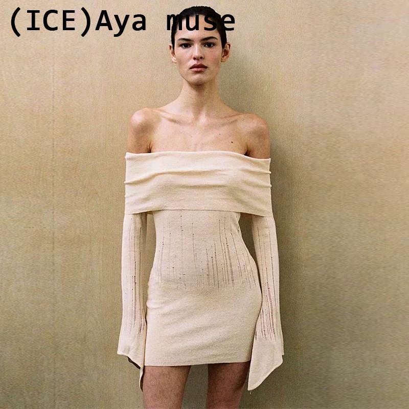 Ice买手店正品折扣Aya muse洋装24秋新品米色一字肩喇叭袖短裙