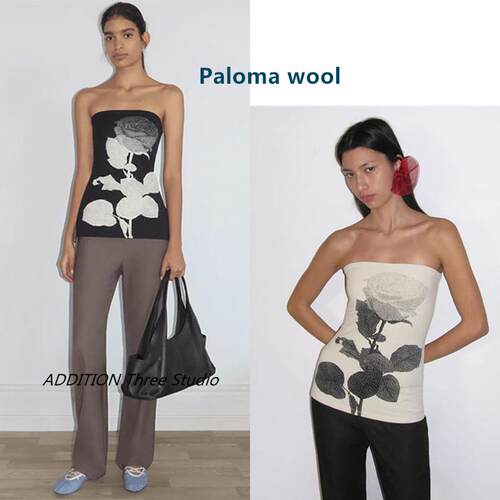 正品 Paloma Wool 24夏款新款玫瑰印花针织弹力性感抹胸背心上衣