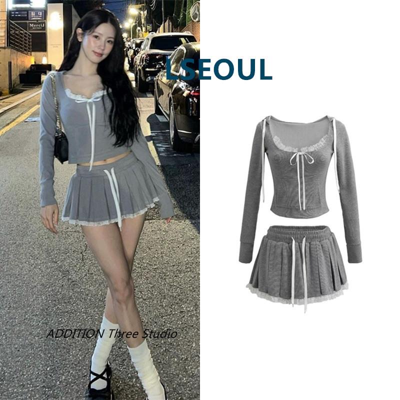 越南 LSOUL 赵美延同款辣妹装低胸蕾丝边连帽上衣褶皱短裙套装女